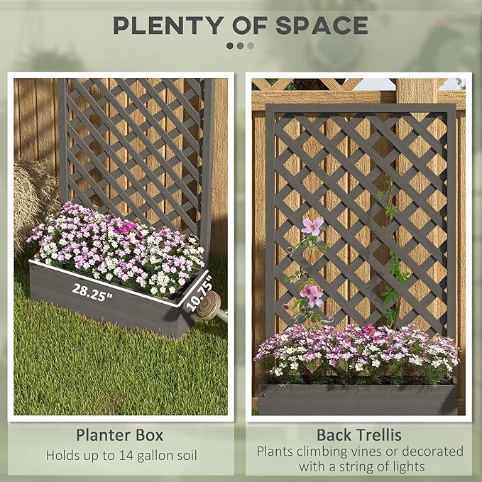 Outsunny Raised Garden Bed with Trellis Lattice Wood Planter Box with Self Draining Gap Freestanding Trellis Planter for Climbing Plants Vines Flowers 29.5 x 13.25 x 53.25 Dark Gray