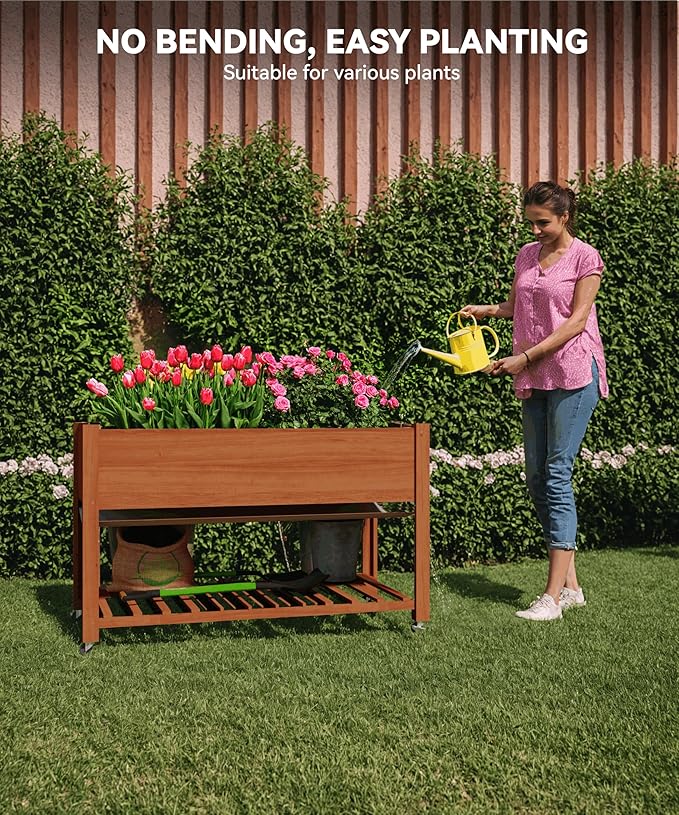 GarveeHome Raised Garden Bed 48x24x32 in Mobile Elevated Wood Planter Raised Beds w/Lockable Wheels Storage Shelf and Protective Liner for Indoor/Outdoor GardeningAcorn Brown