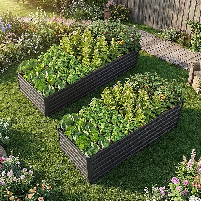 2 Pack Metal Raised Garden Bed Kit Outdoor 8x4x2 FT Galvanized Planter Boxes Set Rectangle Vegetable Flower Beds for Herbs Fruits Planting (Black)