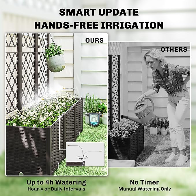 Outsunny 3PCS Plastic Planter Box with Trellis Self-Watering Raised Garden Bed with Trellis and Automatic Watering Timer Kit Outdoor Raised Planter with Drainage Holes Plugs and Water Reservoir
