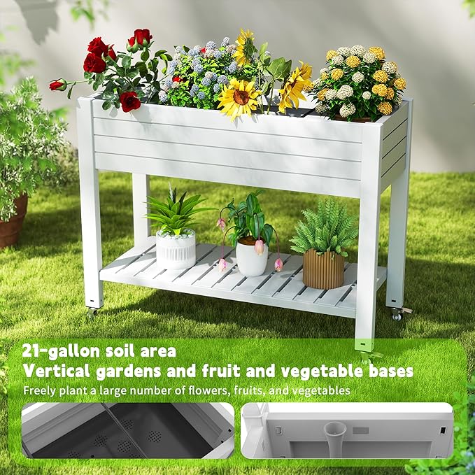 21 Gallon Raised Garden Bed with Legs and Wheels Self-Watering Raised Planter Box with Drainage Plug and Gauge Lower Shelf for Tools and Accessories Dust-Proof Resin for Patio and Backyard