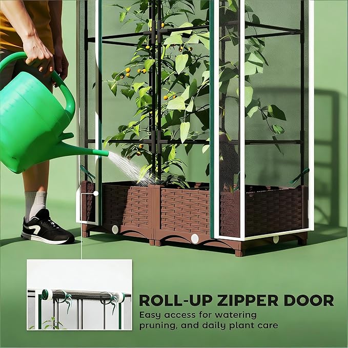 Modular Crop Cage &amp Raised Bed Combo Quick-Assemble Gardening System for Patio or Yard - Removable Cover Adjustable Height Plant Cage for Seasonal Use on a Versatile Garden Box (White)