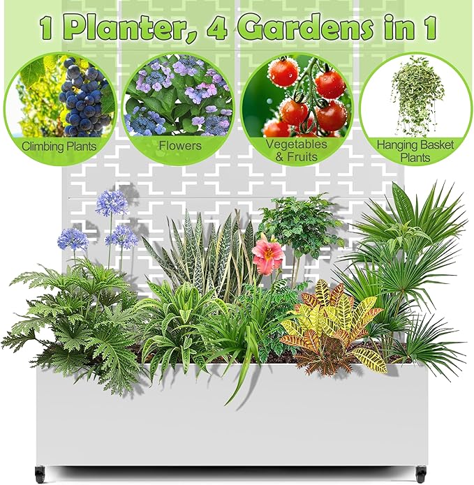 15.7×70.9×47.2 Metal Raised Garden Bed with Trellis and Wheels - Tall Trellis Planter Box for Climbing Plants Vegetables &amp Vines - Outdoor Privacy Planters for Patio (White-Square)