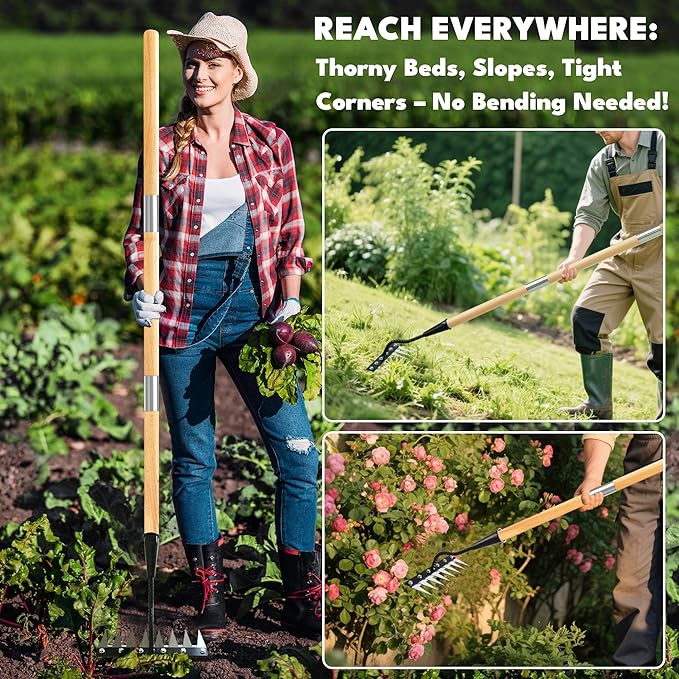 Iron Weeding Rake with Handle 2.0 Upgraded 8 Teeths Garden Weed Puller Tool Heavy Duty Gardening Tool for Lawn Flower Beds &amp Soil Aeration