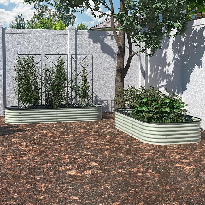 8x2x1.4ft Galvanized Raised Garden Bed 9-in-1 Metal Raised Planter Box Oval Outdoor for Vegetable Flower Backyard and Patio Cream White