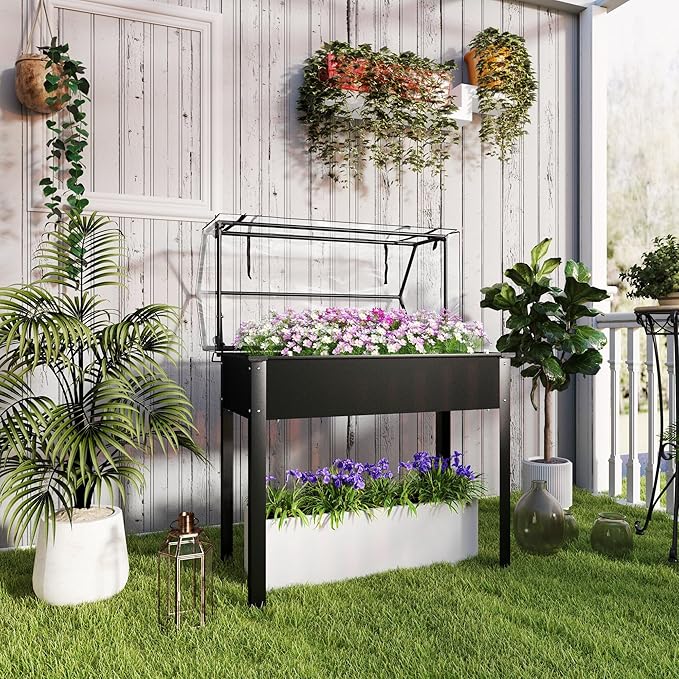 Outsunny Raised Garden Bed with Flip-Up Greenhouse Cover Elevated Planter Box with Legs and Drainage Hole for Vegetables Flowers Herbs 39.4 x 18.9 x 48.8 Black