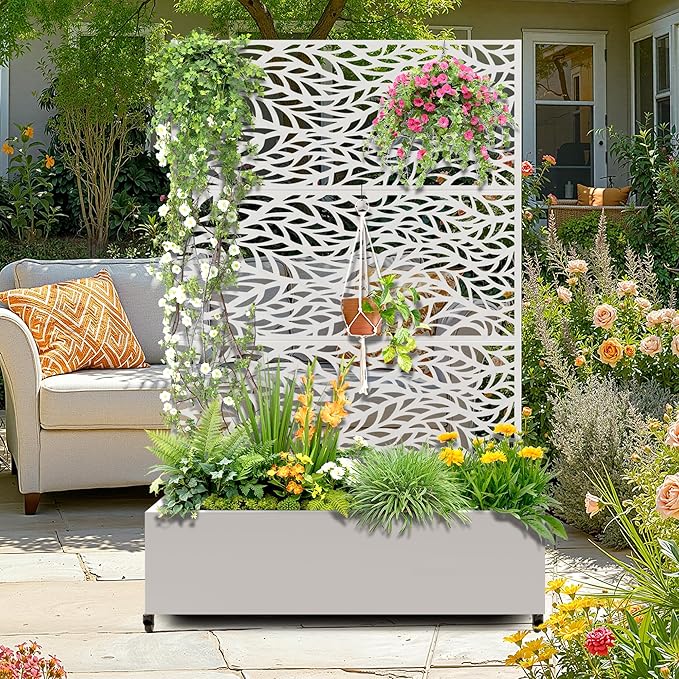 Metal Raised Garden Bed with Trellis 2-in-1 Planter Box &amp Privacy Screen for Climbing Plants Outdoor Standing Flower Bed with Drainage Holes 47.2 L x 16.7 W x 70.8 H White-Spring