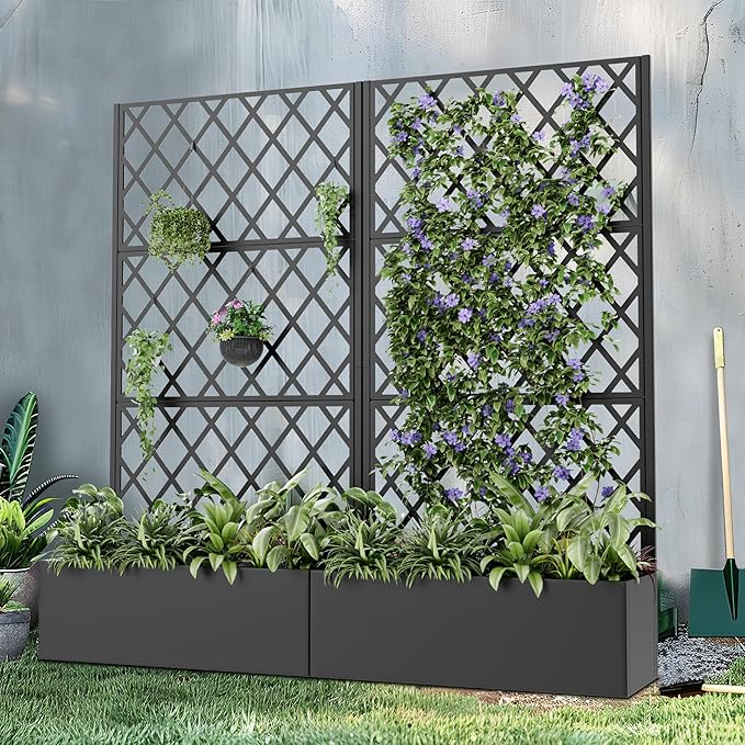Casaphoria 72x35 Metal Raised Garden Bed with Trellis(2 Pack) Outdoor Planter Box with Wheels &amp Drainage Holes for Climbing Plants Flowers Elevated Garden Kit with Privacy Screen Black-Laure