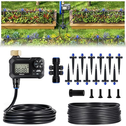 HIRALIY 50FT Automatic Drip Irrigation Kits with Garden Timer Garden Watering System for Patio Lawn Quick Connector Design Irrigation System Kit with Easy Programmable Water Timer