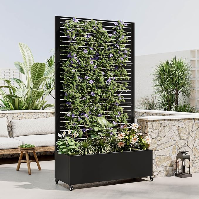 Metal Planter Box with Trellis 73-Inch Tall Raised Garden Bed with Wheels Privacy Screen Planter for Climbing Plants Vegetables &amp Vines Galvanized Steel Outdoor Privacy Shield Black (Square)