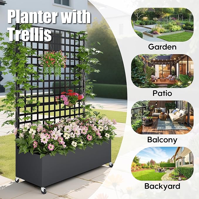 Metal Planter Box with Trellis Privacy Screen Raised Garden Bed with Lattice Trellis &amp Wheels Privacy Planters for Patio Planter Box for Climbing Plants Flower 73x 47x 16 Black