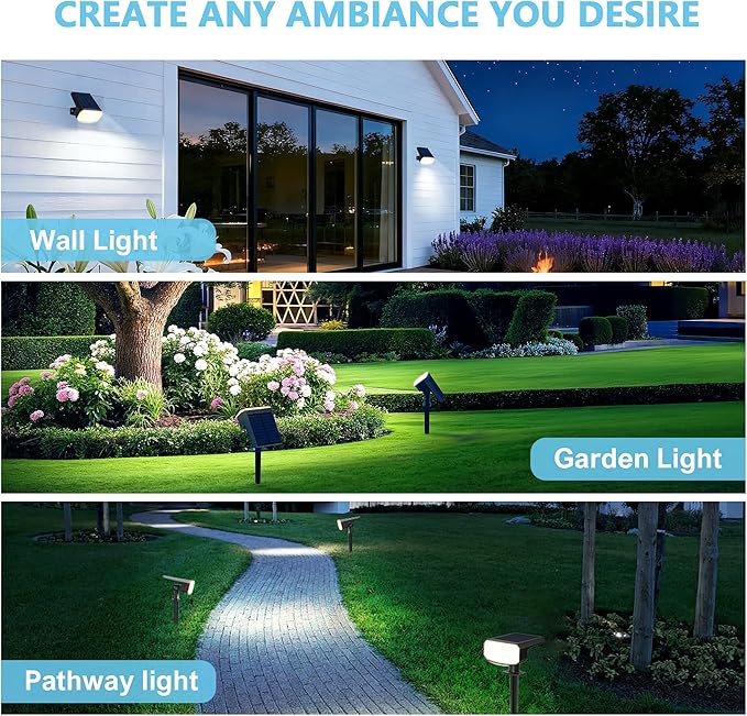 Solar Lights Outdoor Waterproof IP65 Super Bright LED 6500K 2 Lighting Modes Solar Powered Yard Garden Solar Spot Lights for Outside Landscape Auto On/Off -2 Pack