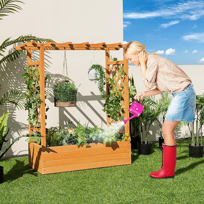 Raised Garden Bed with Trellis Wood Planter Box with Arch Trellis Hanging Roof &amp Drainage Holes Outdoor Elevated Planter for Garden Climbing Plants Flowers Vegetables (2)