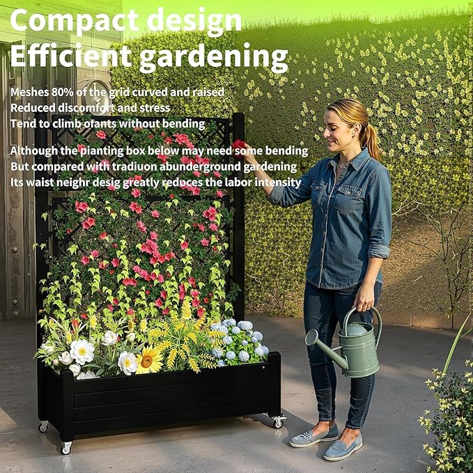 EasyUp Rolling Garden Planter Box with Trellis &amp Lockable Casters Outdoor Raised Bed with Drainage &amp Water Gauge Durable Resin for Patio Balcony Yard Dust-Proof (Black 43.43 * 18.27 * 64