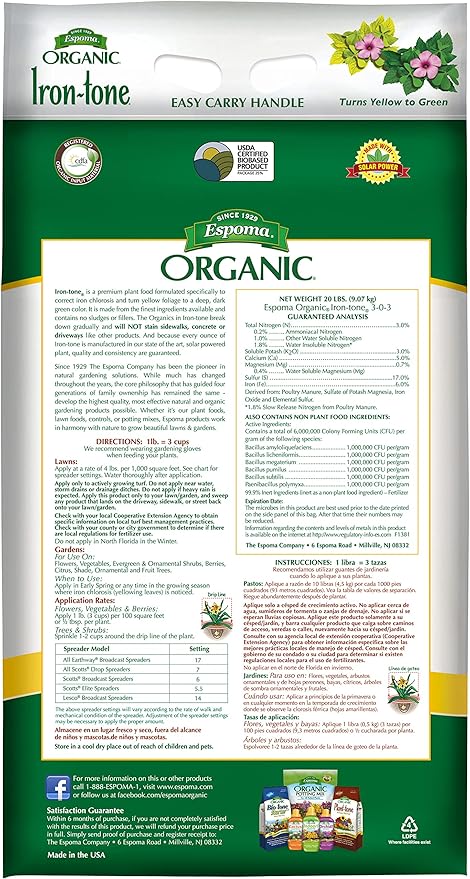 Espoma Organic Iron-Tone 3-0-3 Organic Fertilizer and Plant Food to Help Correct Iron Deficiency (Chlorosis). 20 lb. Bag. Turns Yellow to Green Non Staining Iron