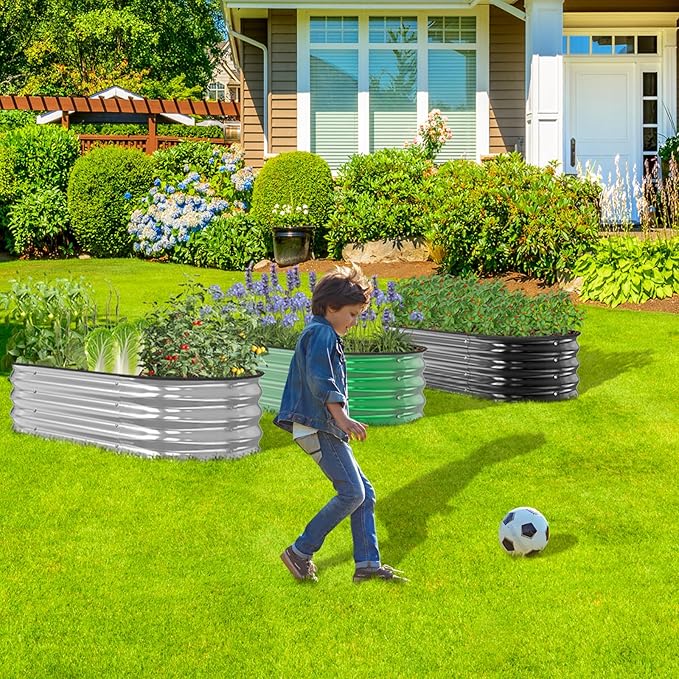 Galvanized Raised Garden Bed Outdoor // 5×2.4×0.9ft Oval Garden Bed for Gardening Vegetables Flowers // Sturdy Metal Planter Box Silver 0.6mm Thickness // Durable and Easy to Install