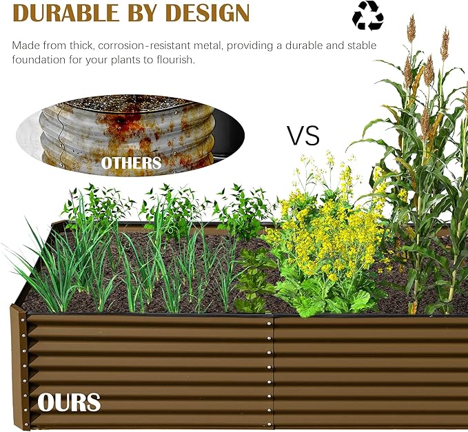 Domi 8x4x2ft Metal Raised Garden Beds Outdoor Thickened Galvanized Steel Deep Root Planter Box with Stabilizing Bars &amp Rubber Edging for Vegetables Flowers Herbs - Brown