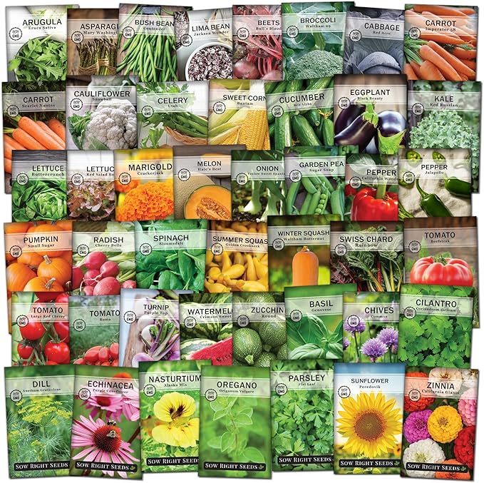 Sow Right Seeds - Complete Garden Seed Collection for Planting - 45 Non-GMO Heirloom Vegetable Herb and Flower Varieties - Every Seed You Need to Plant and Grow a Bountiful Home Garden - Great Gift