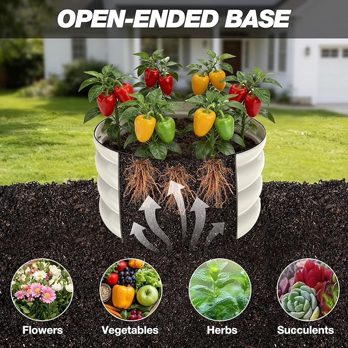 SHALL 8PC Galvanized Raised Garden Bed Kit 3Pc 2x2x1ft Round Planter Boxes Outdoor W/Mini Seed Spreader Disk Seeder 2X Seeding Transplanters Protective Gloves for Flowers Fruits Vegetables Herbs