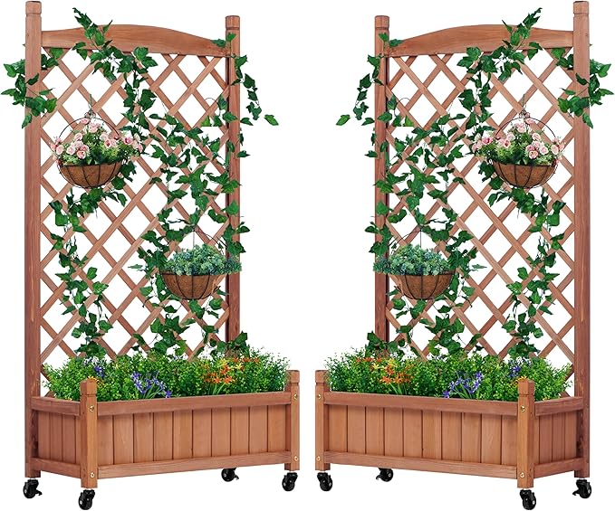 Raised Garden Bed with Trellis Set of 2 Outdoor Wood Planter Box &amp Plant Stand with Climbing Racks