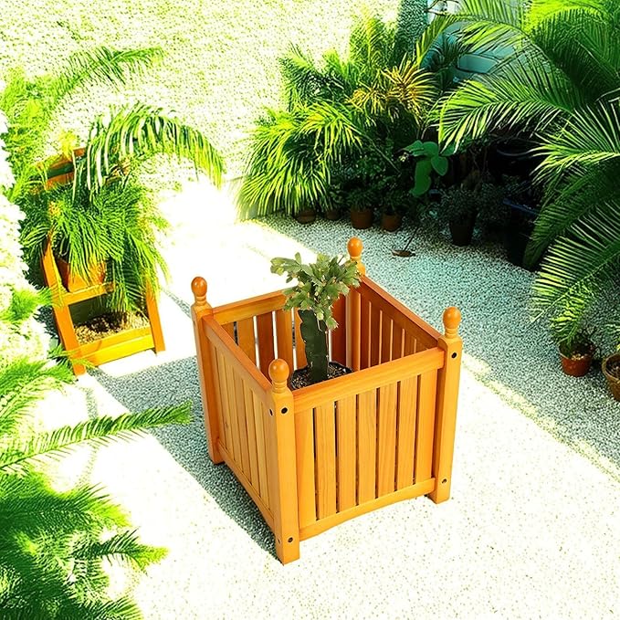 Wood Outdoor Square Wooden Flower and Herb Pot for Garden Porch and Patio Outside Plant and Vegetable ContainerPlanterTeak