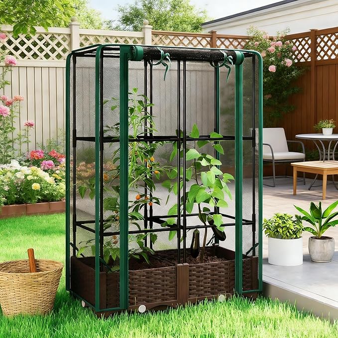 Organic Gardening Raised Bed with Enclosed Plant Cage Grow Healthier Vegetables Without Chemicals - Ventilated Crop Cage Protects Tomatoes Berries &amp Greens from Birds and Insects Naturally (Gree