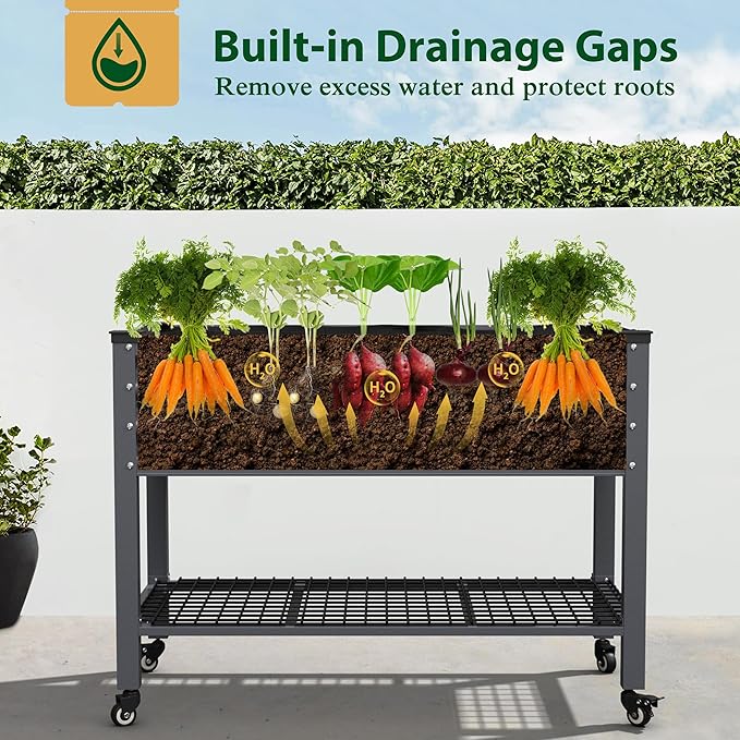 48 W x 24 D x 34 H Galvanized Raised Garden Bed with Lockable Wheels Raised Garden Beds Outdoor with Drainage Gaps &amp Shelf Planter Boxes Outdoor for Backyard Patio Balcony Grey