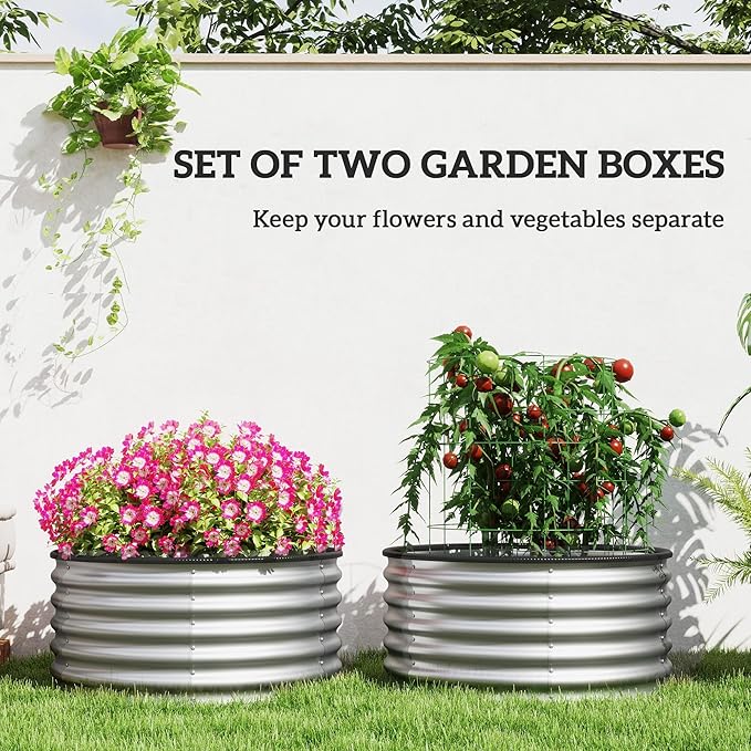Set of Two 0.6mm Galvanized Steel Garden Beds 35.4 Dia x 16.9 H – Open Base Drainage-Optimized Rubber Edge Safety Silver