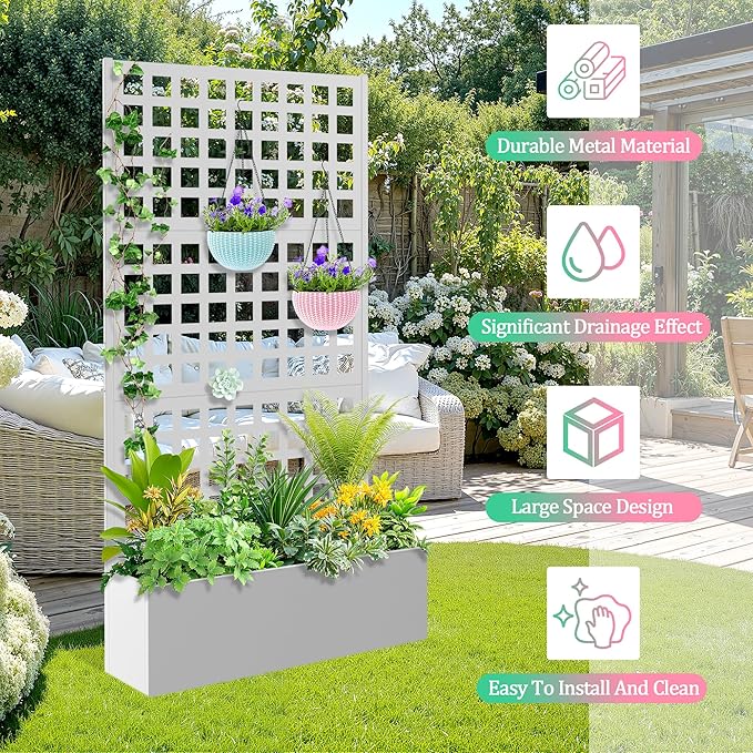 Metal Raised Garden Bed with Trellis for Climbing Plants Vegetable VinesMetal Planter Box with Trellis 71x35x16Trellis with Planter Box &amp Privacy Screen(White)