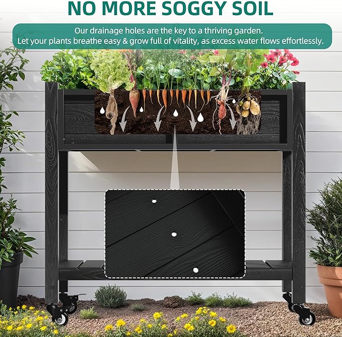 YITAHOME Raised Garden Bed HIPS Poly Wood Elevated Planter Box with Shelf &amp Wheels for Mobility Small Flower Box Stand for Patio Balcony Garden Backyard Black