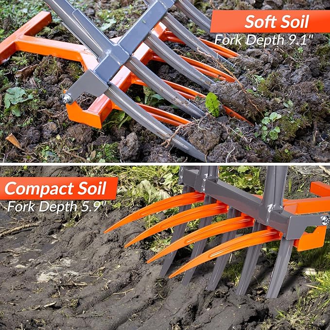 Walensee Broad Fork Garden Tool 9 Tines Heavy Duty Broadfork Hand Tiller 2-in-1 Garden Pitchfork with Ergonomic U-Shaped Handle Spading Digging Fork for Gardening Cultivating