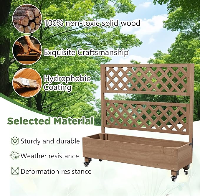 Raised Garden Bed with Wheels Outdoor Large Garden Planter Box Tomato Flower Pots with Standing Diamond Lattice Trellis for Vegetables Vines Herbs Fruits &amp Climbing Plants (Grid Upright Trellis)