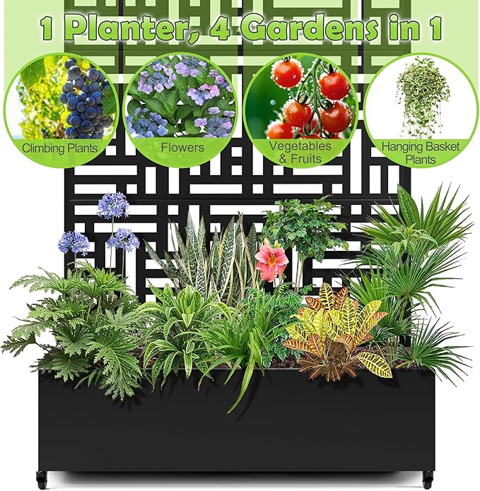 Metal Trellis Planter Box for Patio Large Raised Garden Bed with Trellis and Wheels Outdoor Privacy Planters for Climbing Plants Features Drainage Holes and Privacy Screen (47 L Black Helen)