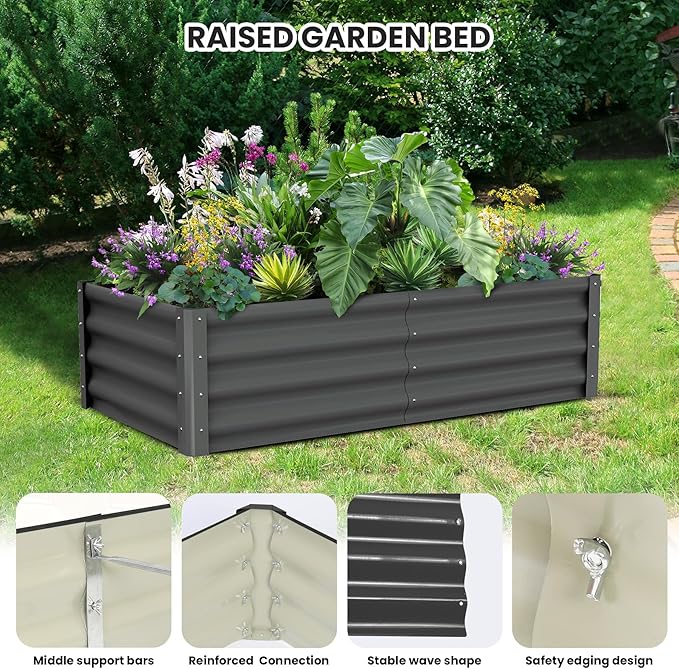 6x3x1 FT Galvanized Raised Garden Beds Large Raised Beds for Gardening Above Ground Garden Bed Outdoor Metal Planter Boxes Outdoor for Vegetables Flowers Fruits Dark Grey 2 Pcs