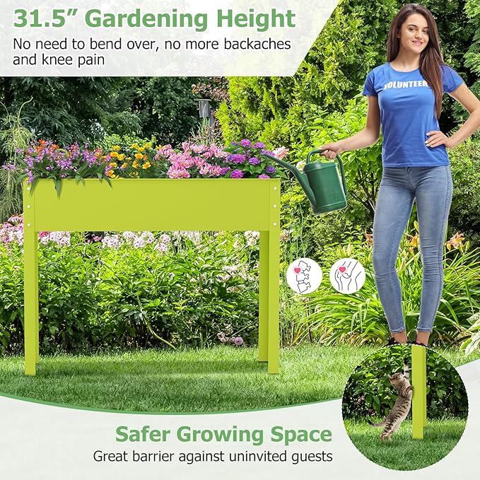 HAPPYGRILL Raised Garden Bed 31.5” Elevated Planter Box w/Legs Drainage Hole Hemming Design Metal Garden Box for Vegetable Herb Outdoor Raised Beds for Gardening Backyard Porch Balcony Green