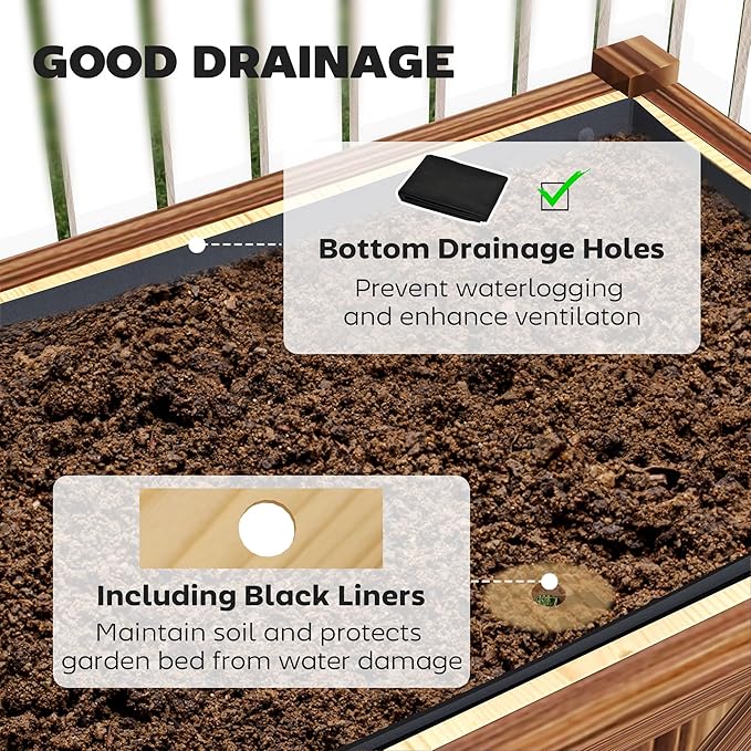 Elevated Wood Planter Box with Storage Shelf &amp Liner Raised Garden Bed with Drainage Holes Complete Gardening Solution for Patio Deck &amp Backyard (Brown)