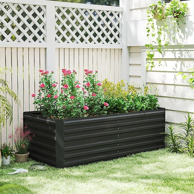 Outsunny Galvanized Raised Garden Bed Kit Large and Tall Metal Planter Box with Reinforcing Bars for Vegetables Flowers and Herbs 6' x 3' x 2' Black