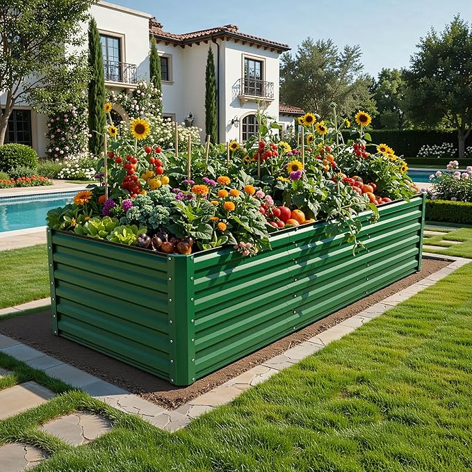 YITAHOME 6pcs 8x4x2 ft Galvanized Raised Garden Bed Kit Large Metal Planter Box with Gloves Safety Rubber &amp Support Rod Outdoor Flower Bed for Plants Vegetables Green