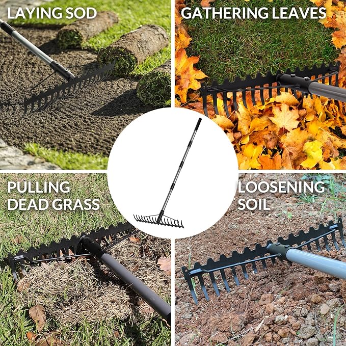 Walensee 5.4FT Bow Rake Heavy Duty Garden Rake with Stainless Steel Handle 17 Steel Tines Garden Tool for Loosening Soil Gathering Leaf Leveling Lawn Farming Land Management Yarn Thatch Rakes