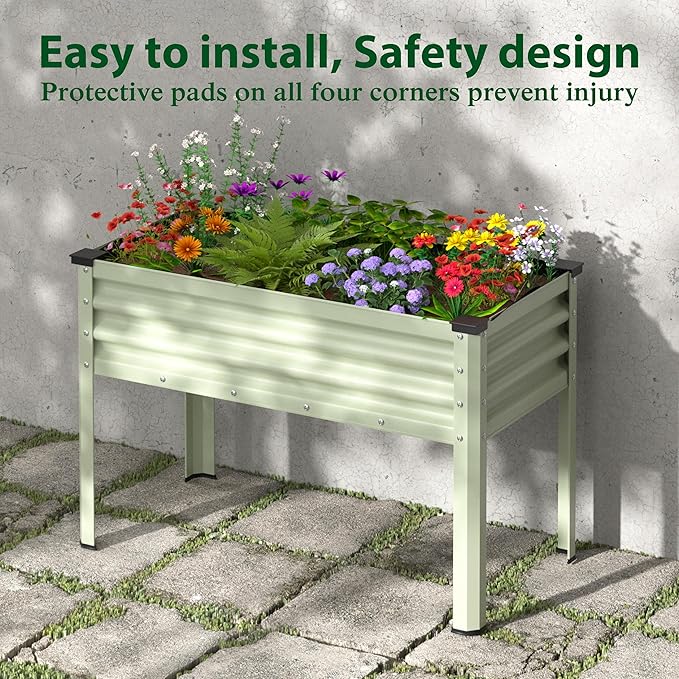 Galvanized Raised Garden Bed with Legs 48 W x 24 D x 32 H Large Metal Elevated Raised Planter Box with Drainage Gaps for Backyard Patio Balcony 507lbs Capacity Beige