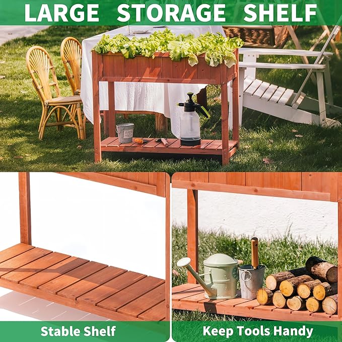 Premium Fir Wooden Raised Garden Bed with Four Legs for Backyard and Balcony GardeningSuitable for Indoor and Outdoor useBottom with Storage Rack35.04''×13''×29.92''
