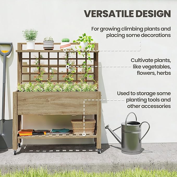 Outsunny 41 Raised Garden Bed with Trellis on Wheels Wooden Elevated Planter Box with Legs and Bed Liner for Flowers Herbs &amp Vegetables Dark Brown