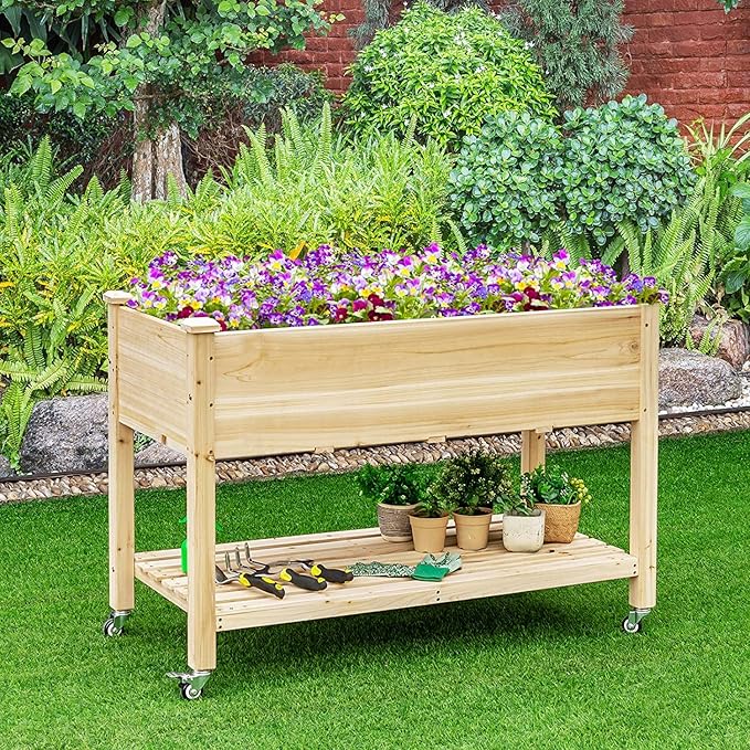 GRAFFY Raised Garden Bed with Lockable Wheels Mobile Elevated Wood Planter Box w/Shelf Wood Planter Box with Legs Liner Drain Holes Outdoor Planting Bed Planting Container for Patio Backyard