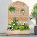 FENCY Metal Raised Garden Bed with Wheels and TrellisArched 73x47x16 Planter Box for Climbing Plants Vegetables &amp Vines Features Privacy Screen and Drainage Holes (Acacia Wood Finish)
