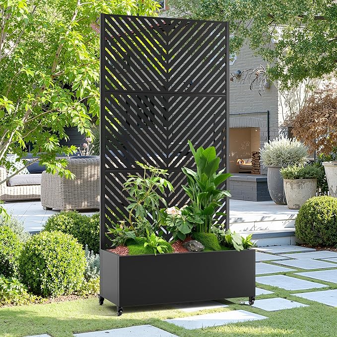 15.7×70.9×35.4 Metal Raised Garden Bed with Trellis and Wheels - Tall Trellis Planter Box for Climbing Plants Vegetables &amp Vines - Outdoor Privacy Planters for Patio (Black-Parallel)