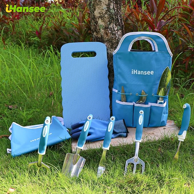 Blue Garden Tool Sets 12-Piece Aluminum Gardening Hand Tools w/Ergonomic Handle Garden Supplies Organizer Handbag Kneeling Pad Apron and Gloves Gift for Women Garden Starter Kit for Women