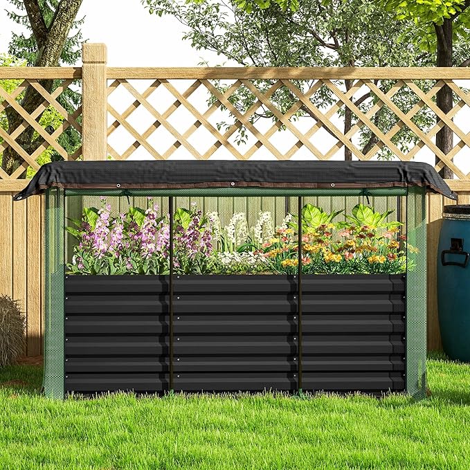 Outsunny 5.9 x 2 x 1.9 ft Galvanized Raised Garden Bed with Crop Cage Plant Protection Net and Shade Cloth Roof Metal Planter Box with Cover for Vegetables Flowers Herbs Dark Gray