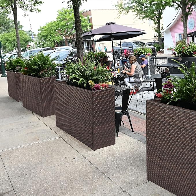 LEWIS&ampWAYNE Tall Planters for Outdoor Plants Handmade Wicker Large Rectangular Block Planter Box with Removable Liners Modern Planter for Indoor Outdoor Patio Deck - Brown