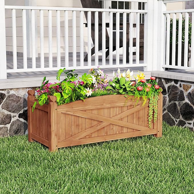 HAPPYGRILL Wooden Raised Garden Bed 2 Solid Wood Gardening Plant Container w/Drainage Holes for Flower Vegetable Fruit Outdoor Elevated Planter Box for Patio Garden Yard Balcony (36”x 16”x 15”)