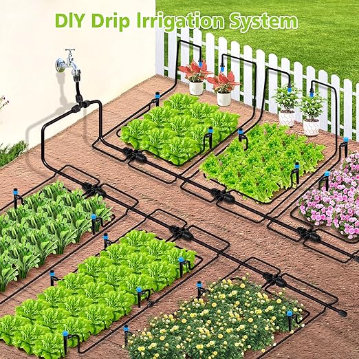 230FT New Quick-Connect Drip Irrigation System Kit Automatic Garden Watering Misting System for Greenhouse Yard Lawn Plant with 1/2 inch Hose 1/4 inch Distribution Tubing and Accessories